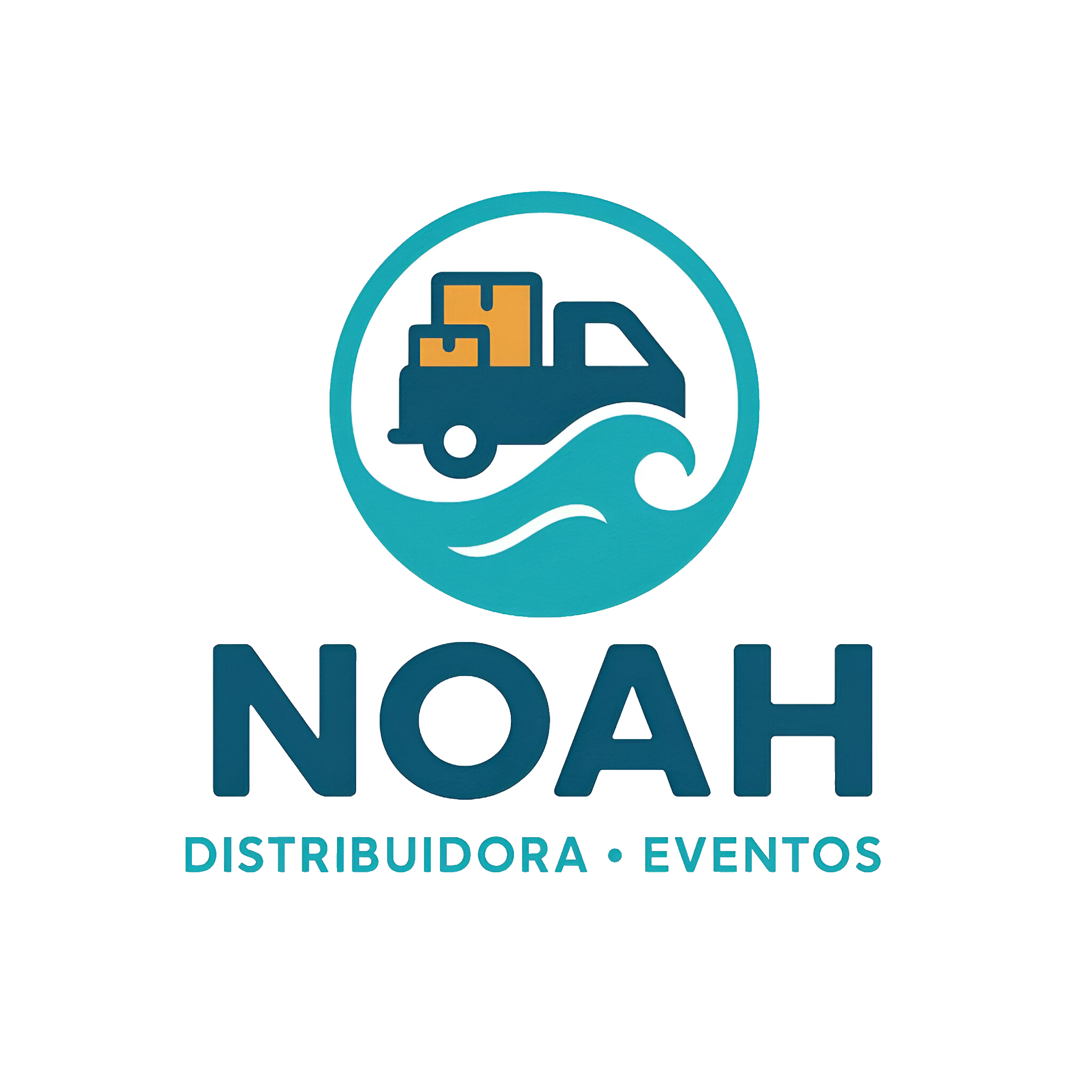 Logo showing a delivery truck carrying boxes above stylized ocean waves inside a circle. Below the logo, the text reads NOAH in large letters and Distribuidora Eventos in smaller letters. The design uses blue and orange colors and conveys a sense of reliability and professionalism.